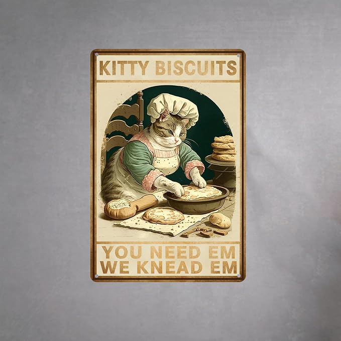 HYBLOM Cottagecore Decor - Cat Signs - Kitty Biscuits You Need Em We Knead Em Poster - Vintage Home Wall Art Metal Tin Sign 12x8 Inches