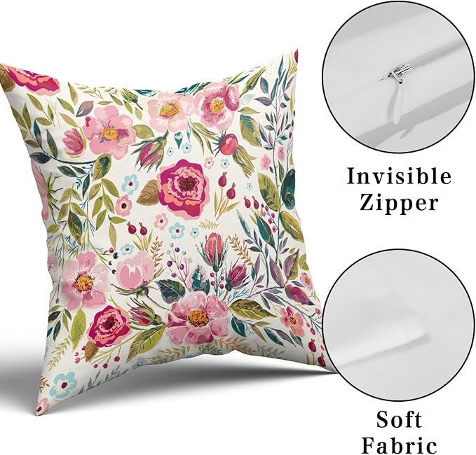 Spring Summer Flower Throw Pillow Covers 24x24 Inch Watercolor Peony Pillowcase Hot Pink Floral with Green Leaves Girly Decorative Square Cotton Cushion Cover Set of 2 for Home Garden Outdoor Bed