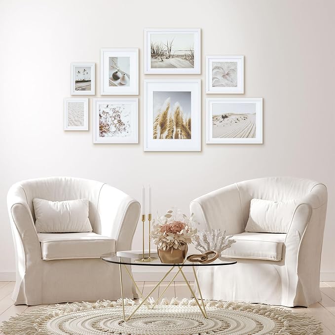 Gallery Wall Frame Set, 8 Pack White Picture Frames, Large | Collage Pampas Grass Prints Wall Art Decor for Living Room, Entryway, Stairway, Bedroom, Assorted Size