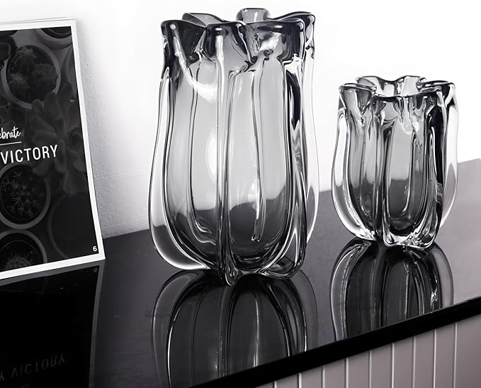 Modern Black Advanced Grey Glass Vase for Flowers, Hand Blown Art Glass Glass vase,Room Decoration and Centerpiece