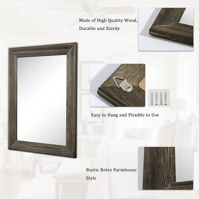 Retro Wall Mirror with Wood Frame Farmhouse Rectangle Hanging Mirrors Decorative for Bathroom Bedroom Living Room Dressing Room Entryway