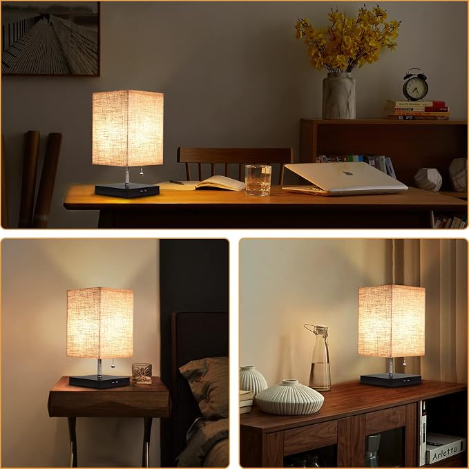 Siljoy Modern Desk Lamp with Pull Chain Switch, Bedside Table Lamp with 2 USB Charging Ports, Nightstand Lamp with Beige Fabric Lampshade & Black Wooden Base for Bedroom, Living Room, Office