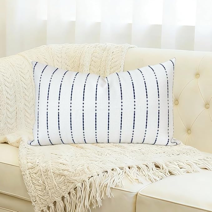 Slow Cow Linen Embroidery Decorative Lumbar Throw Pillow Cover Rectangular Pillowcase Cushion Cover for Bed Couch Sofa 12 x 20 Inches Navy Blue