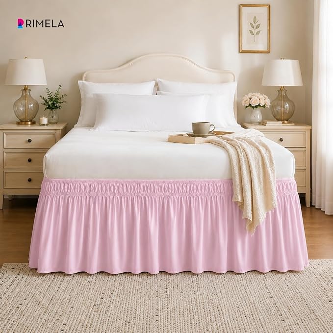Dusty Pink Bed Skirt Queen Size 15" Drop, Elastic Wrap Around Bedskirt | Solid Ruffled, Easy to Use, No Mattress Lifting, Wrinkle & Fade Resistant, with Adhesive Strips, Machine Wash/Dry/Iron
