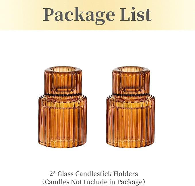 Hewory Glass Candlestick Holders Bulk, 2PCS Amber Taper Candle Holders | For 0.86" Taper Candles, Ribbed, Vintage Candle Sticks Holder Decor, Wedding Table Centerpiece Fall Thanksgiving Home Decor