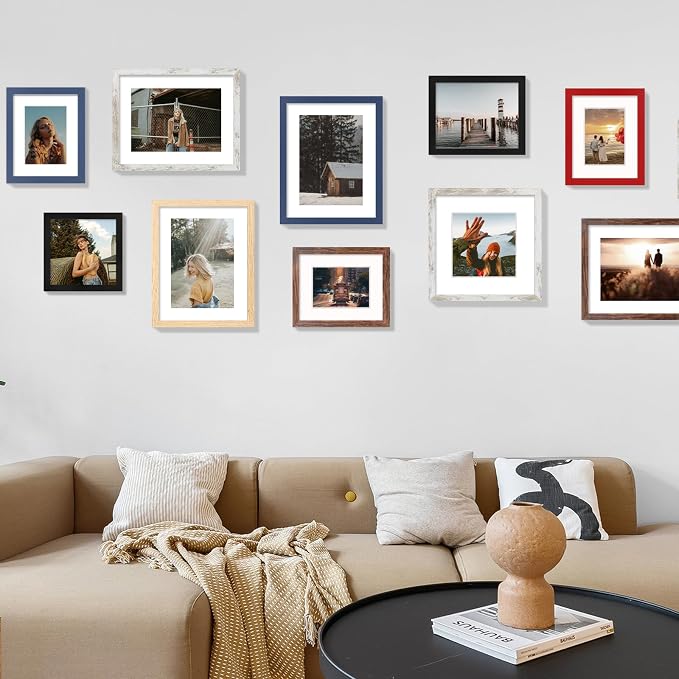 YESKAY 8x10 Picture Frame Set of 9, Display Pictures 5x7 with Mat or 8 x 10 Without Mat, Multi Photo Frames for Wall Mounting or Table Top Display, Blue