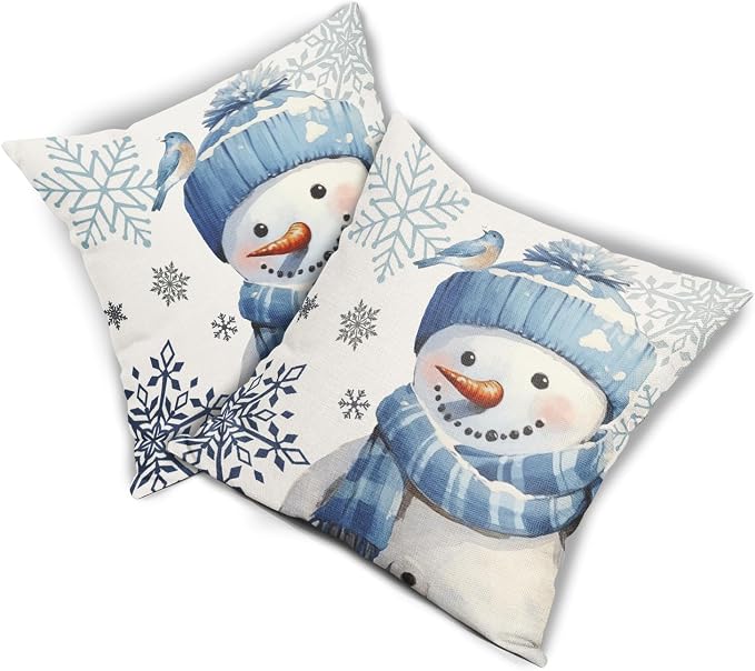 Kawani Winter Snowman Snowflake Pillow Covers 18x18 Inch Blue Christmas Throw Pillow Covers Set of 2 Xmas Winter Holiday Pillowcases Cotton Linen Cushion Covers for Couch Home Decor