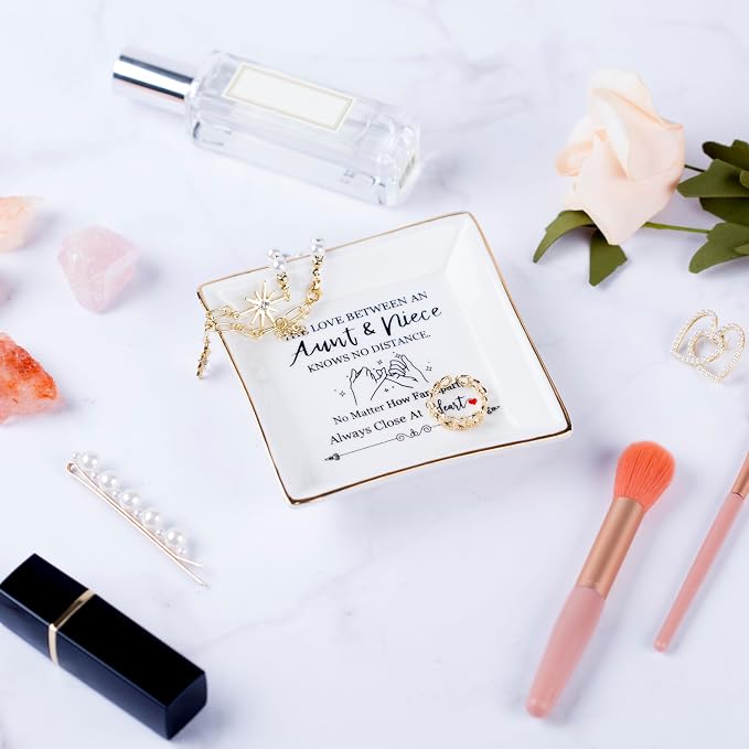 Piudee Aunt Gifts from Niece - The Love Between An Aunt Niece Knows No Distance Ring Trinket Dish Jewelry Tray, Aunt Birthday Gift Aunt and Niece Gifts for Aunts Mothers Day Christmas Valentines