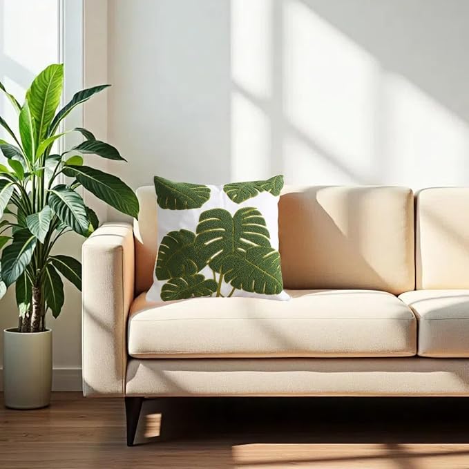 Embroidery Throw Pillow Cover 18x18 Green 7 Tropical Monstera Leaves Loop Plant Floor Pillow Cover for Couch Gift 100% Cotton Decorative Cushion Cover Home Décor Pillow Case 45x45cm, 1 Piece