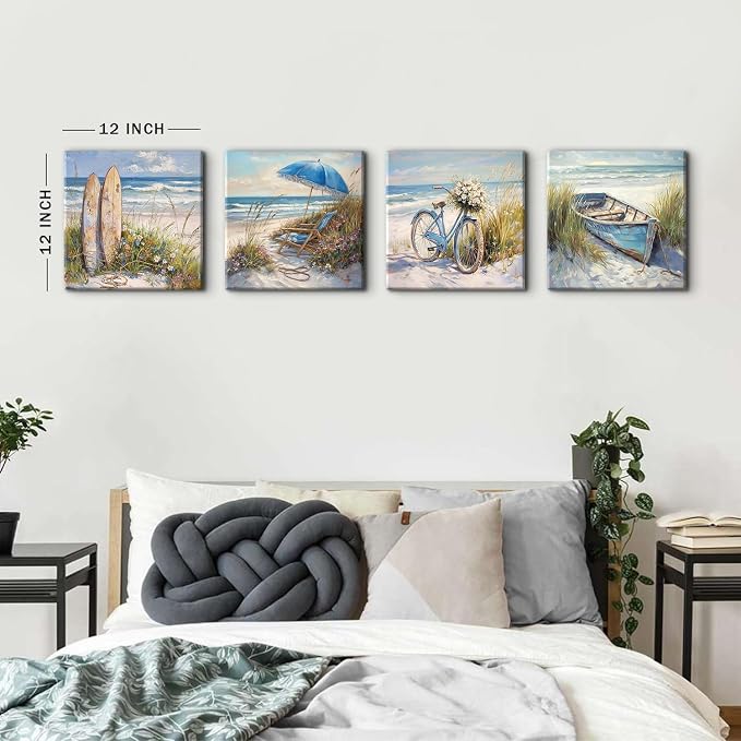Beach Wall Art Bathroom Decor Rustic Coastal Landscape Bike Boat Surfboard Seaside Canvas Wall Decor for Living Room Abstract Nature Coast Seascape Picture Nautical Beachy Home Decorations 12x12" 4Pcs
