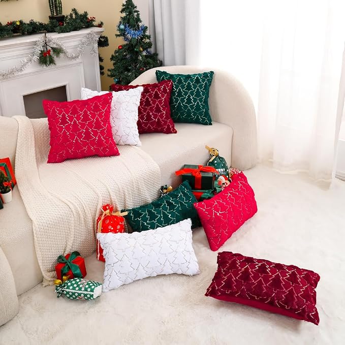 VAKADO 12x20 Set of 2 Christmas Throw Pillow Covers Embroidered Decorative Xmas Cushion Cases Holiday Soft Home Decor for Bedroom Sofa Chair Porch Winter, Red