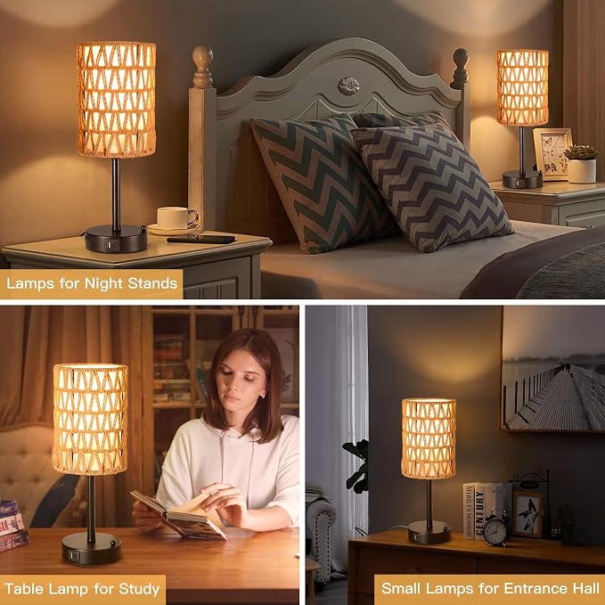 Rattan Table Lamps for Living Room, 3 Way Dimmable Touch Lamps, Small Bedside Lamps with LED Bulbs, Phone Stand, USB Ports and AC Outlet, Boho Nightstand Lamp for Kids Room, Bedroom, Office (1 Pack)