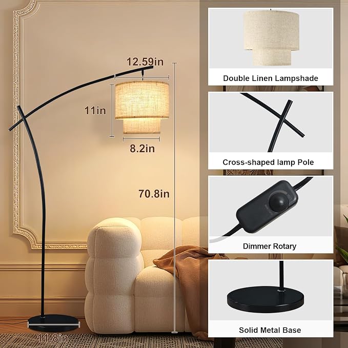 Lightdot Arc Floor Lamp for Living Room, Modern Standing Tall Lamps with Double Linen Shade, Tall Hanging Pole Lamp with Stable Base & Bulb Included for Bedroom/Sofa Beside/Corner Decor-Black