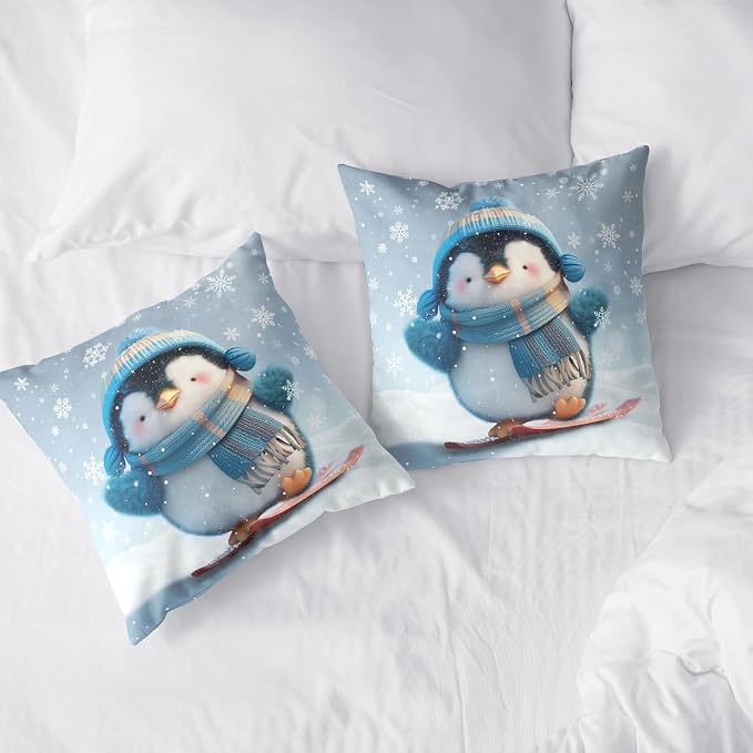 Winter Pillow Covers 24x24 Set of 2 Adorable Skiing Penguins Throw Pillow Covers Snowflakes Pillow Case Double Sided Printing Cushion Case for Home Decor Couch Sofa