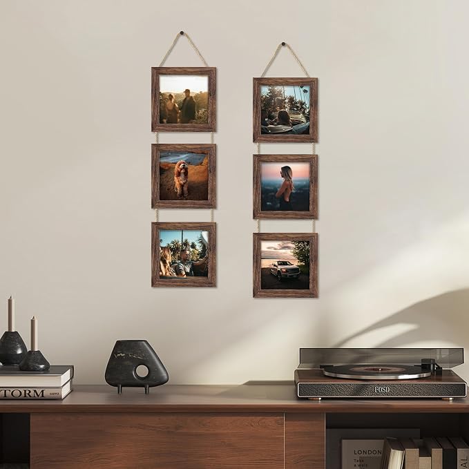 6x6 Collage Picture Frames Set of 2, Rustic Wooden Real Glass Vertical Hanging 3 Opening 6 by 6 Photo Frame, Distressed Brown
