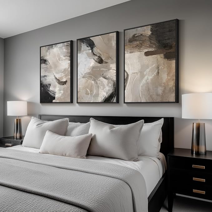 Large Framed Neutral Modern Abstract Wall Art for Living Room, 24x36 In | Black and brown tone pictures, 3 piece minimalist paintings, Canvas prints, Wood frame, Wall decor for bedroom office hallway
