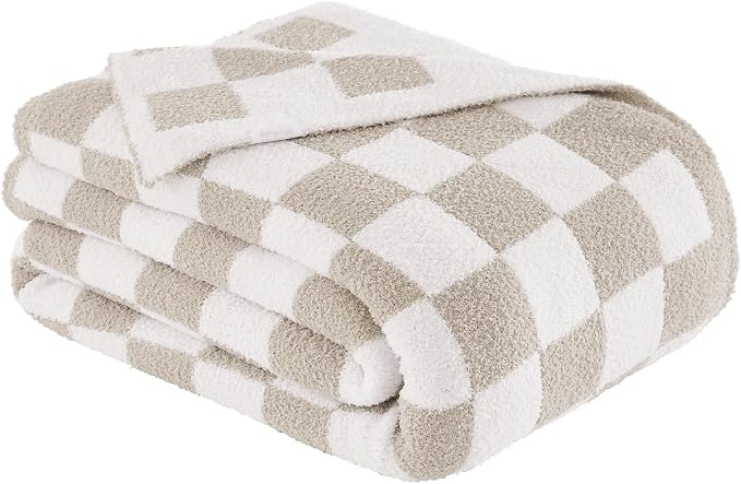 Checkered Throw Blanket for Couch, Soft Cozy Warm Knitted Blankets | Lightweight Fuzzy Travel Warm Decor for Women, Mom, Girls, Sofa, Chair, 50x70in, Taupe