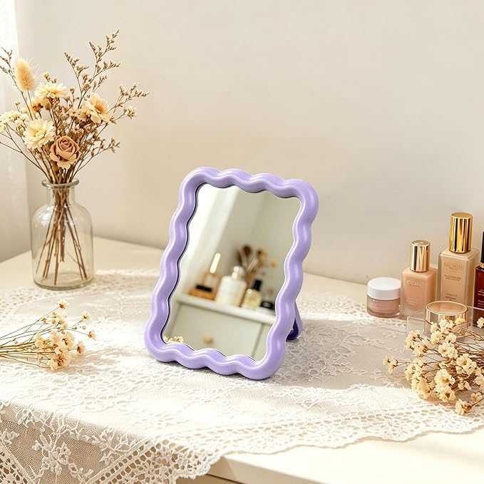 Wave Table Desk Vanity Makeup Mirror Small Make Up Office Mirror Purple | Desk Decor,Cute Mirror,Cute Desk Accessories,Mini Mirror,for Standing Hanging,6.7X5.3Inch,Home Decor
