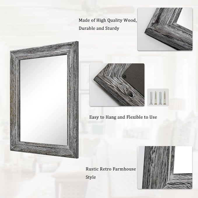 Wooden Mirror with Rectangle Framed Rustic Hanging Mirrors for Farmhouse Bathroom Bedroom Living Room Home Decor
