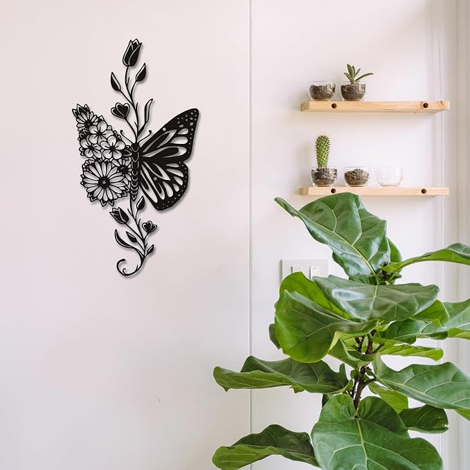Rajukit Butterfly Flower Metal Wall Art Black for Living Room | Modernist bohemian style hanging ornament versatile for bathroom bedroom living room black finish butterfly flower design