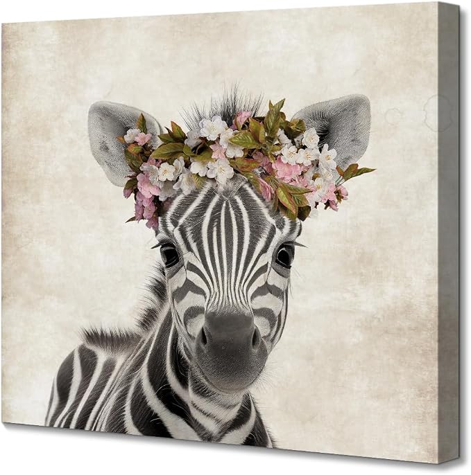 Framed Baby Nursery Wall Art Decor Cute Zebra with Garland Pictures Painting Retro Zebra Portrait Artwork Cute Safari Animals Prints for Kids Playroom Decoration Gifts for Boys Girls 12x12inch