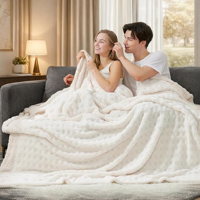 Cozy Bliss Ultrasoft Waffle Throw Blanket, Fluffy Cute Plush Blanket for Couch, Bed, Modern Home Accent, Portable for Picnic or Outdoor, Ivory, 60"x80"