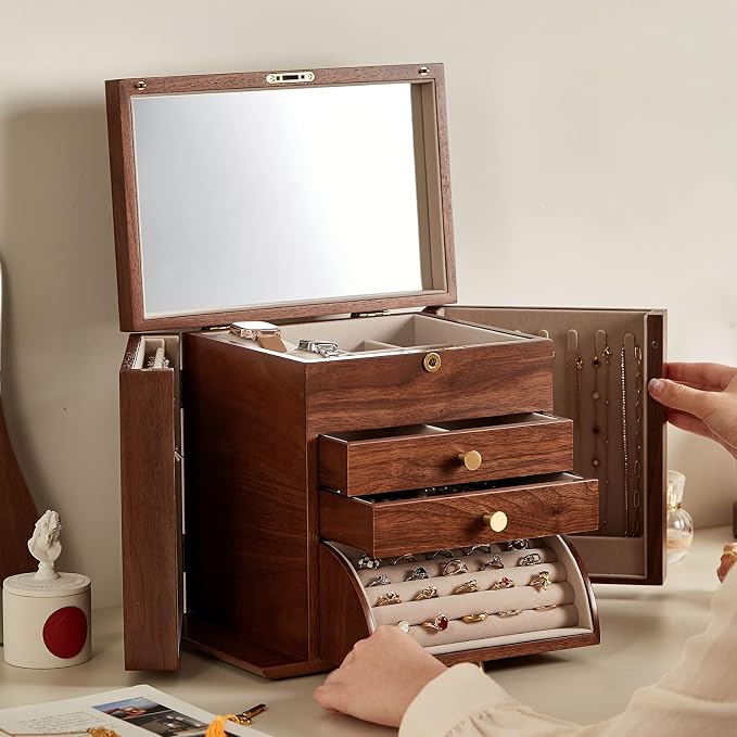 CHOSIN Black Walnut Wooden Jewelry Box for Women with Lock, Mirror, 4 Layer | Locking wity Key, 2 Drawers, Rotating Ring Holder, 2 Side Doors, Large Capacity for Necklaces, Earrings, Rings, Women Gifts