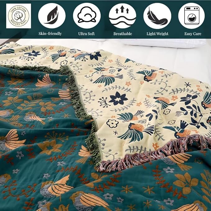 Boho Throw Blanket for Bed 100% Cotton Bohemian Blankets Ultra Soft Woven Muslin Decorative Blankets All Seasons Vintage Quilt Knitted Blanket for Sofa Chair(Blue, 60"x80")