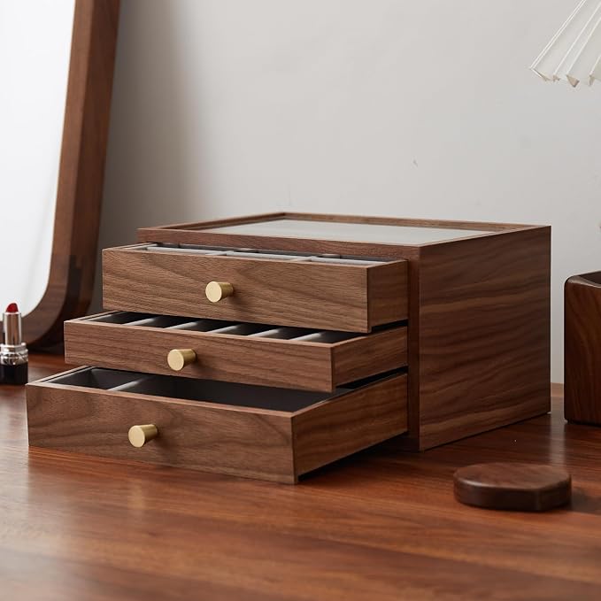 Black Walnut Jewelry Organizer, 3 Layer | Wooden Jewelry Box, For Women, For Necklaces Ring Earring