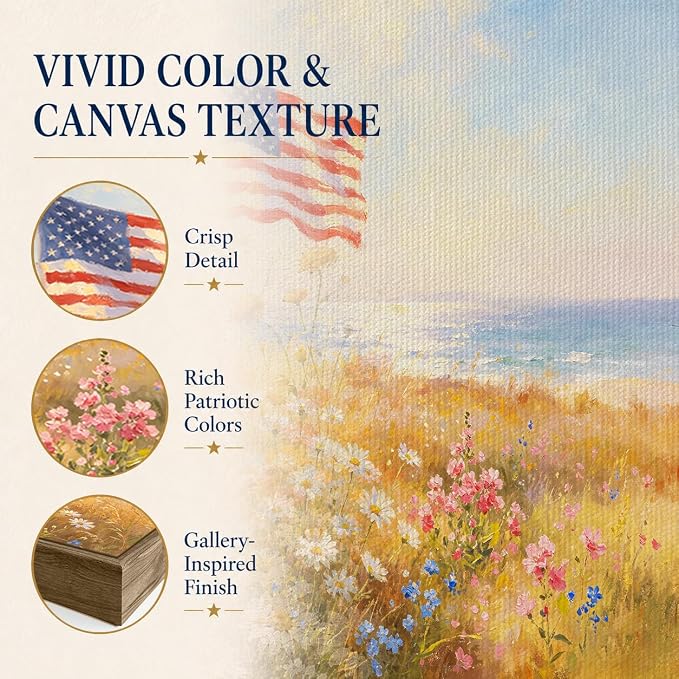 American Flag Framed Canvas Wall Art, 4th of July Floral Canvas Prints | Wildflower Landscape Poster Print, Vintage Rustic Independence Day Wall Decor for Bedroom Living Room Office 24×32in