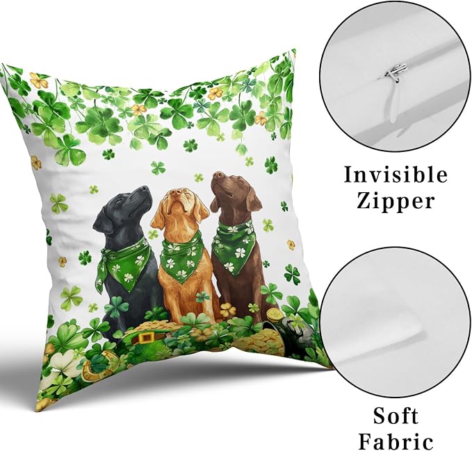 Giwawa Patrick Dogs Pillow Covers Set of 2 18x18inch Lucky Shamrocks Funny Puppy Decorative Square Pillow Cases Spring Clovers Leaf Cotton Throw Cushion Covers for Sofa Couch Patio Bedding