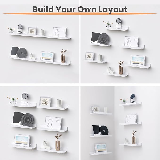 upsimples Floating Shelves for Wall, Wall Shelves for Decor Storage Set of 6, Wall Mounted Wood Shelf for Bedroom, Living Room, Bathroom, Kitchen, Picture Ledge Shelf, White (Pack of 2)