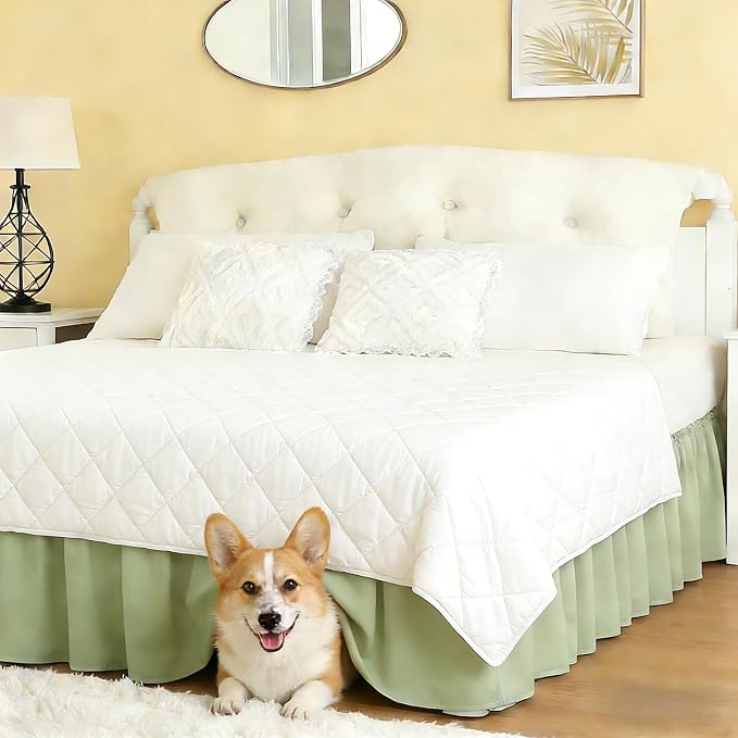 Matcha Green Bed Skirt Queen Size 15" Drop, Elastic Wrap Around Bedskirt | Solid Ruffled, Easy to Use, No Mattress Lifting, Wrinkle & Fade Resistant, with Adhesive Strips, Machine Wash/Dry/Iron