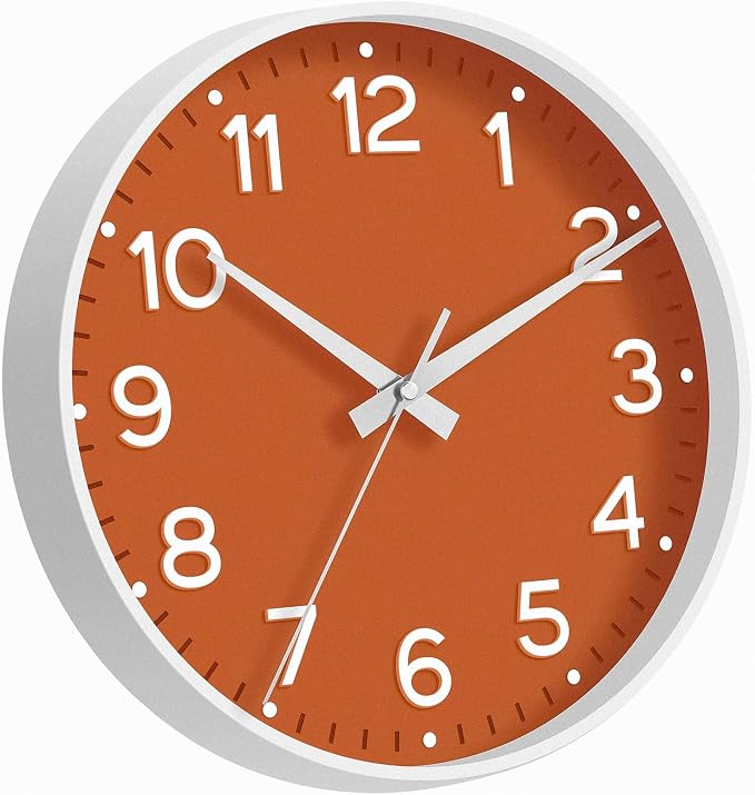 Roymnie 8 Inch Wall Clock, Battery Operated Silent Non Ticking Analog | Orange modern analog; large 3D easy-read dial for kitchen, office, bathroom & bedroom; 1 AA battery (not included)