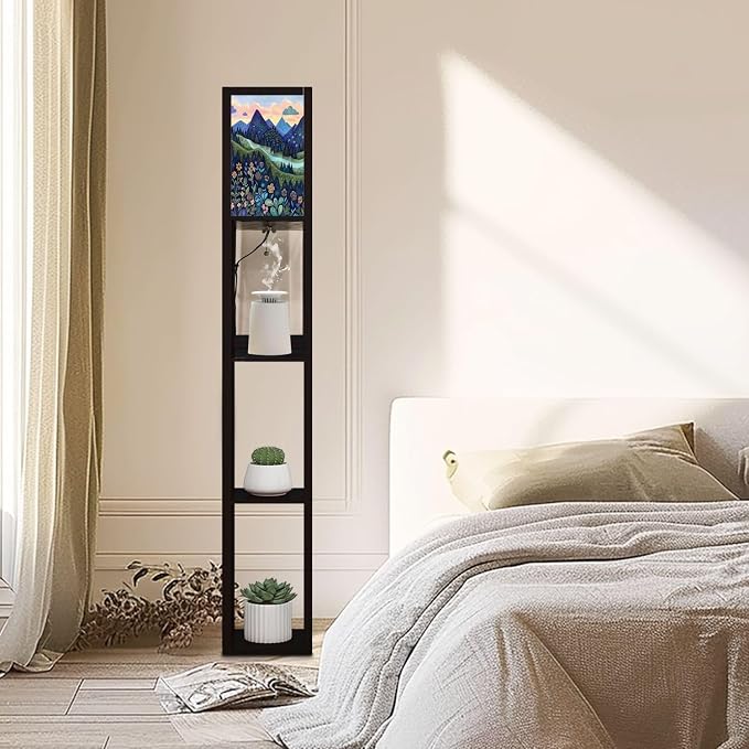 Floor Lamp with Shelves Luxuriant Forest Floral Patterns Artful Woodcut Print Standing Tall Lamp USB Ports & Power Outlet Modern Corner Lamp Nightstand Light for Living Room Bedroom