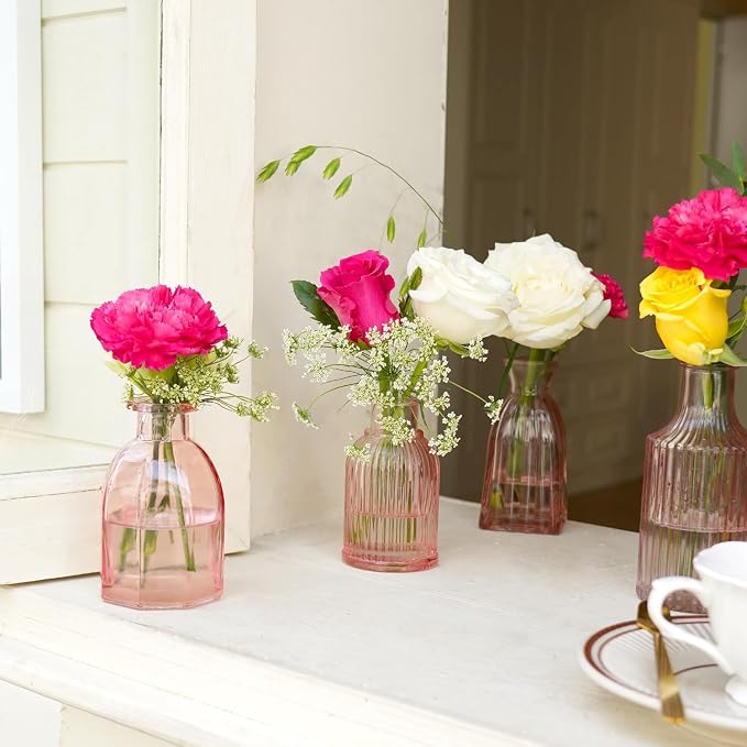 Pink Glass Bud Vases in Bulk 24 Pink Vase Small Vases for Decor | Modern Ribbed Glass Bud Vase for Wedding Flower Vase Bulks Vintage Decor Bridal Shower Centerpieces Home Table Decoration