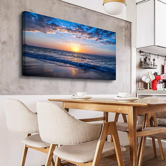 Wapluam Beach Wall Art -Blue Sea Coastal Sunset Natural Scenery Picture -Print On Canvas Ocean Seascape Canvas Print Artwork for Living Room Bedroom Bathroom Home and Office Wall Decor 24" x 48"