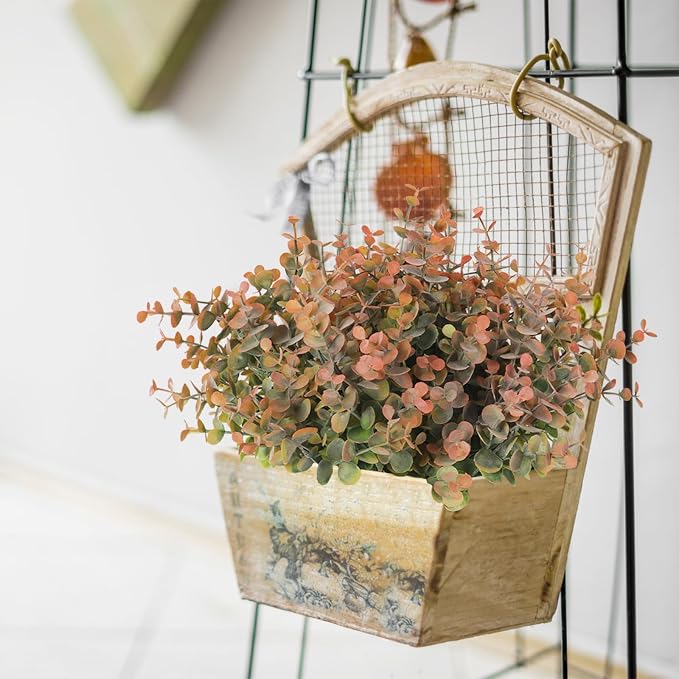 RECUTMS 12 Bundles Artificial Fall Eucalyptus Plant Stems 13In Dusty Orange | Plastic Boxwood Shrubs Greenery, No Maintenance,Long-term Reuse,Table Arrangement,Farmhouse Garden Vase Outdoor Planter Decor