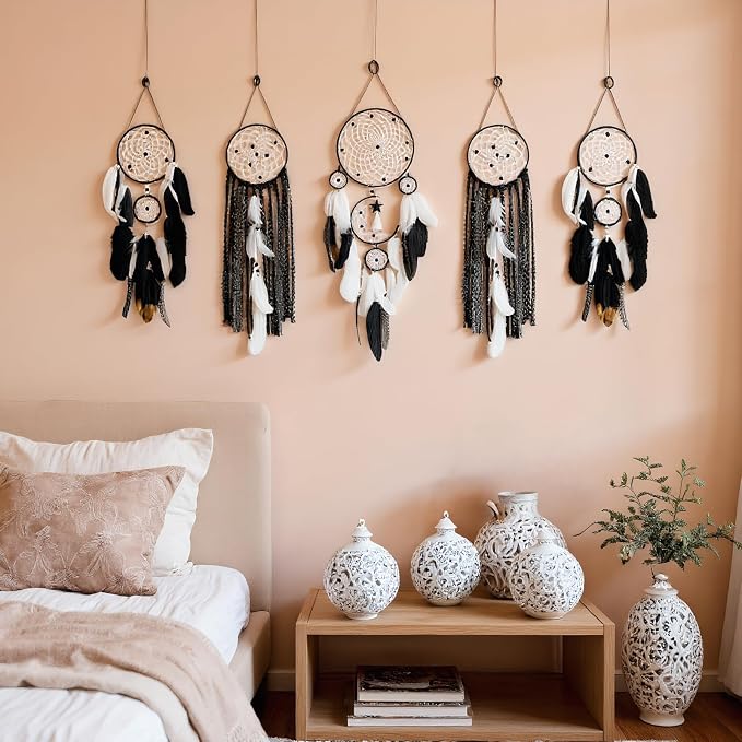 Dream Catcher Wall Decor,Large Boho Dream Catcher with Luxurious Feathers & Beads, Handmade Wall Hanging for Bedroom,Living Room, Gift Ready for Girls & Adults (Black-Blue)