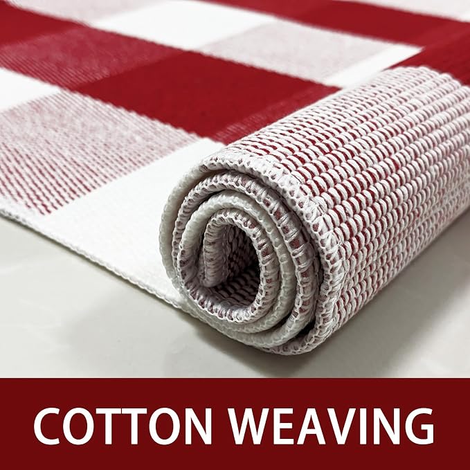 USTIDE Cotton Buffalo Plaid Rug Red&White Check Rugs 23.6"X51" Hand-Woven Indoor or Outdoor Rugs for Layered Door Mats Washable Carpet for Front Porch/Kitchen/Farmhouse/Entryway