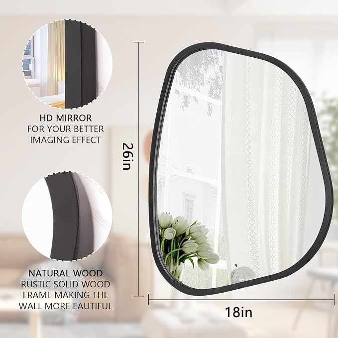 Black Asymmetrical Mirror Large 26"x18" Irregular Oval Wall Mirror Modern Wood Frame Unique Shape Wall Mounted Vanity Artistic Mirror Decorative for Living Room Bedroom Bathroom Entryway Hallway