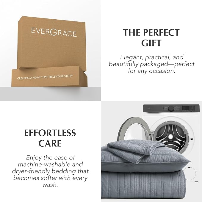 EVERGRACEHOME 100% Cotton Modern Lines Quilt Set King Size, Smoky Blue | Pre-Washed Soft Cotton, Striped Coverlet Bedspread, 3 Piece Lightweight Bedding Set for All Season, with 2 Pillow Shams