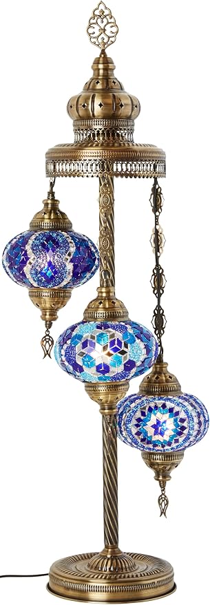 DEMMEX Turkish Moroccan Mosaic Floor & Table Lamp – Handmade Boho Tiffany-Style Light with 3 Large 7" Globes, Artisan Decor, 37" (95cm) Tall, Antique Brass Finish, North American Use (Blue)