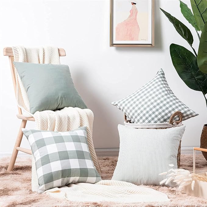 CARRIE HOME Green Plaid 20x20 Throw Pillow Covers Set of 4, Farmhouse Throw Pillows Light Green Checkered Decorative Couch Pillows Set of 4, Green and White Pillow Cover for Bed (No Pillow Inserts)