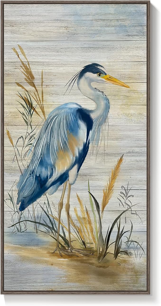 Framed Vertical Coastal Blue Heron Wall Art for Living Room, 20x40 Inch | Vintage, Farmhouse, Nature, Bird, Blue, Large, Office wall art, Kitchen wall decor, Foyer decor, Ready to hang, Wood frame
