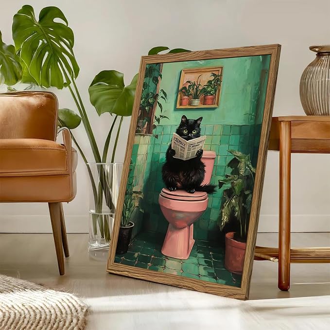 Funny Bathroom Cat Wall Art, Humorous Black Cat Restroom Wall Decor Paintings, Funky Animal on Toilet Reading Newspaper Canvas Prints Artwork 12x16 inch Wood Framed
