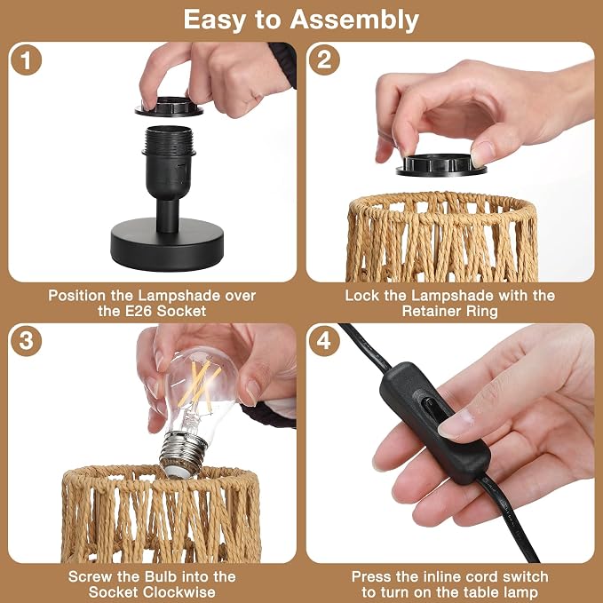 Fenmzee Table Lamps (Rattan Rope Shade - Black Base, 9" Inline Control)