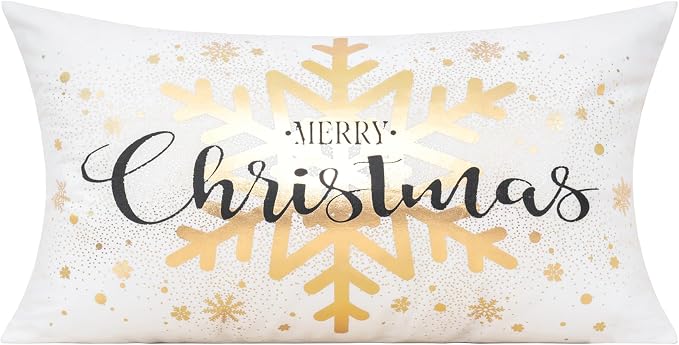 All Smiles 12X20 Lumbar Christmas Throw Pillow Covers Cases Set of 2 White Gold Xmas Decorations Winter Navidad Indoor Home Holiday Décor Ornaments Velvet Cushion for Sofa Tree Snowflake Reindeer