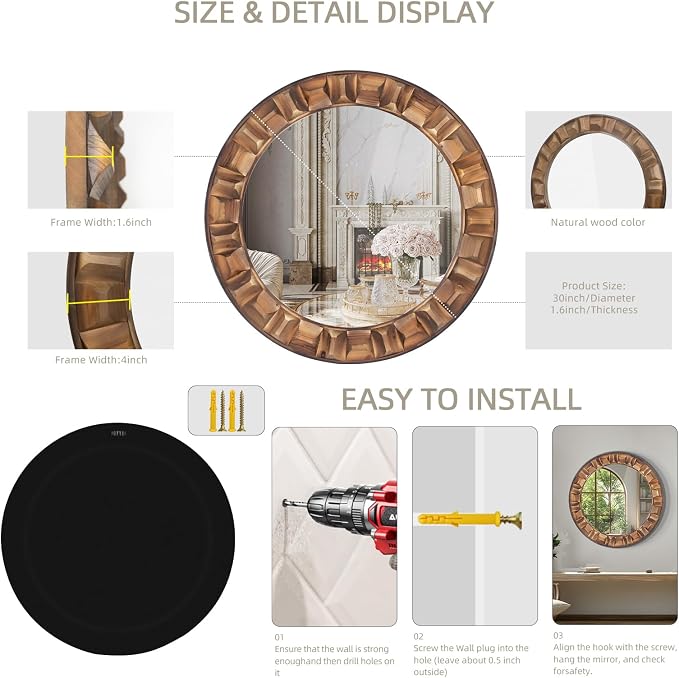 30 Inch Dark Solid Wood Round Wall Mirror | Brown Wooden Decorative Circle Mirror for Bathroom, Bedroom, Living Room, Entryway, Hallway, or Foyer