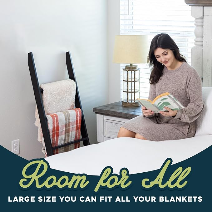 Blanket Ladder for the Living Room and Bedroom, Quilt Rack, 4-Tier, Black | 4 ft, Wall Leaning Blanket Holder, Laminate Snag Free, Rustic Decorative Farmhouse Ladder Shelf for Blankets
